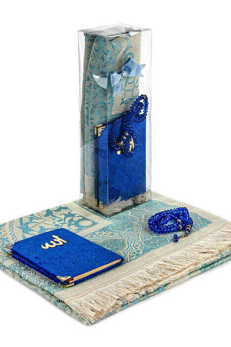 PVC Boxed Prayer Rug Set - Velvet Covered Yasin - Prayer Rug - Rosary - Dark Blue Color - 1