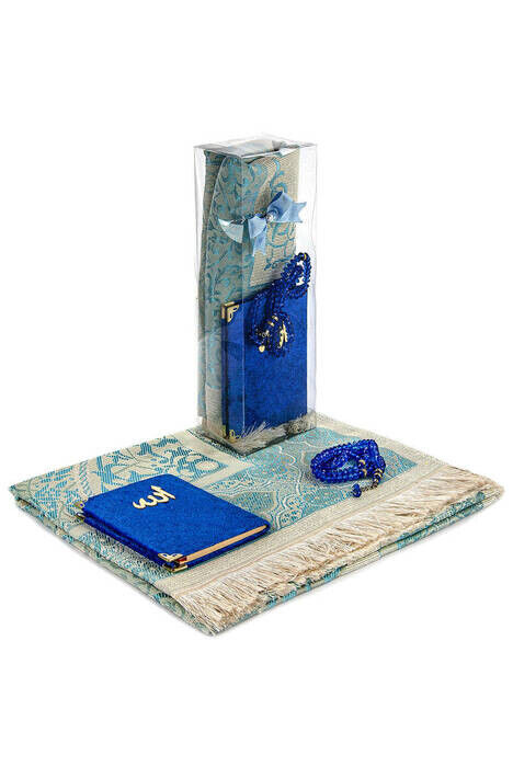 PVC Boxed Prayer Rug Set - Velvet Covered Yasin - Prayer Rug - Rosary - Dark Blue Color - 2