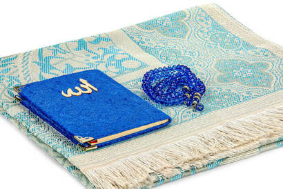 PVC Boxed Prayer Rug Set - Velvet Covered Yasin - Prayer Rug - Rosary - Dark Blue Color - 3