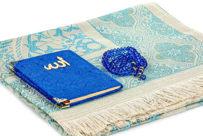 PVC Boxed Prayer Rug Set - Velvet Covered Yasin - Prayer Rug - Rosary - Dark Blue Color - 3