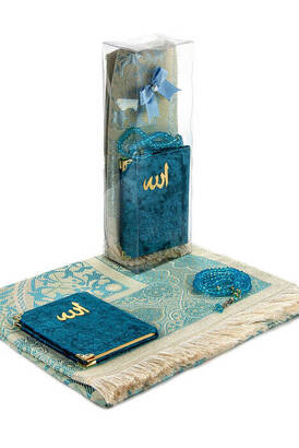 PVC Boxed Prayer Rug Set - Velvet Covered Yasin - Prayer Rug - Rosary - Petrol Color - 1