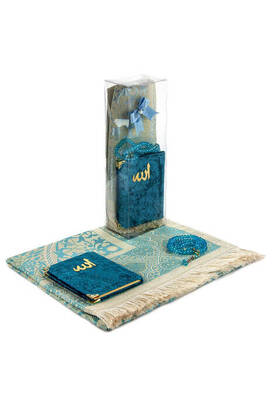 PVC Boxed Prayer Rug Set - Velvet Covered Yasin - Prayer Rug - Rosary - Petrol Color - 2