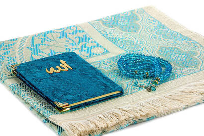 PVC Boxed Prayer Rug Set - Velvet Covered Yasin - Prayer Rug - Rosary - Petrol Color - 3