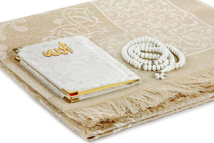 PVC Boxed Prayer Rug Set - Velvet Covered Yasin - Prayer Rug - Rosary - White Color - 3