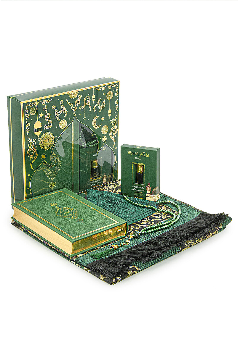 Quran and Dowry Prayer Rug Set, Suitable for the Groom's Package, Green - 1