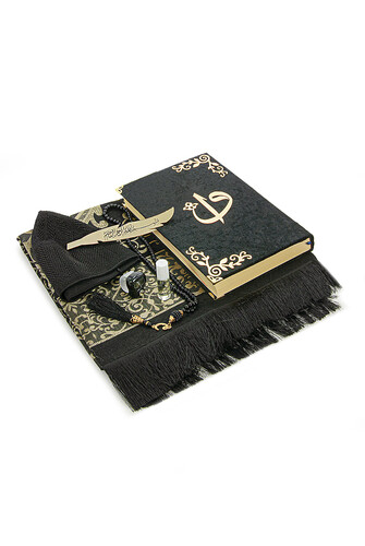 Quran Set Suitable for Groom's Pack with Storage Box Dowry Prayer Rug Set Black - 6