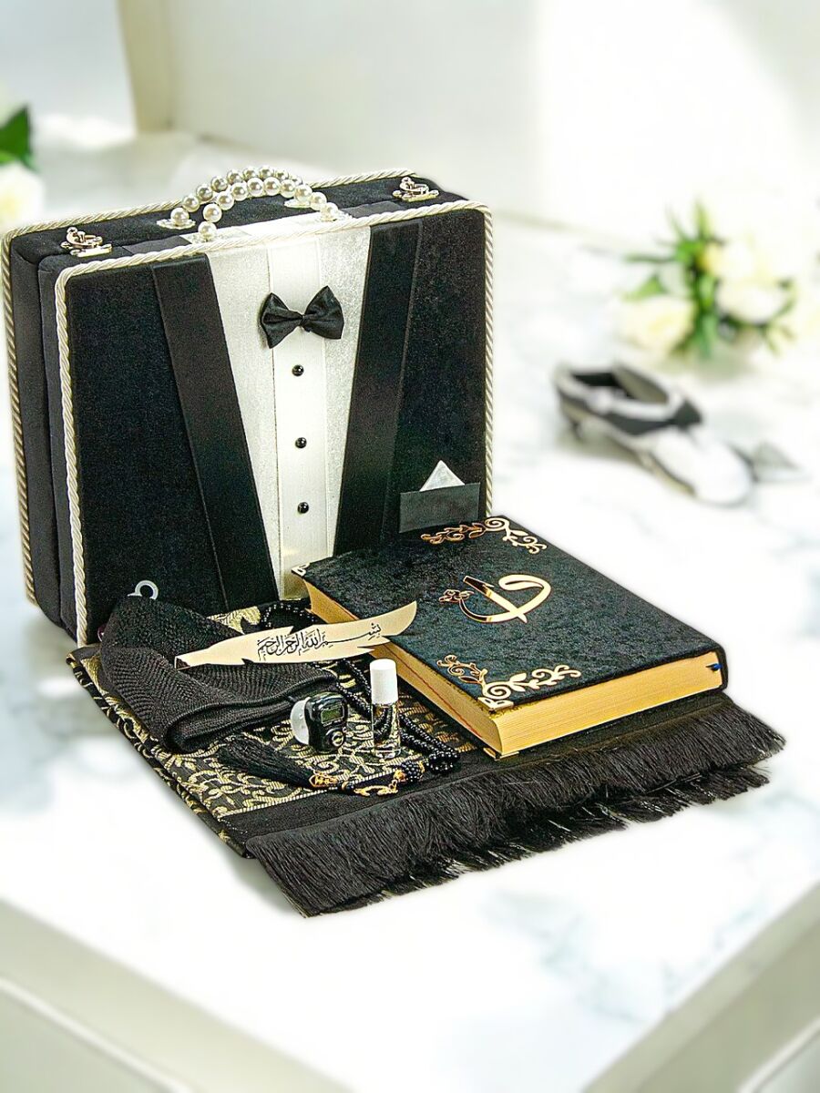 Quran Set Suitable for Groom's Pack with Storage Box Dowry Prayer Rug Set Black - 1