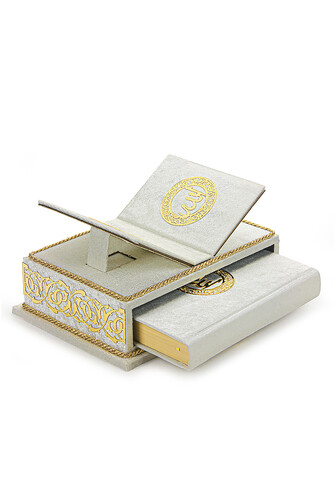 Quran Set with Table Top Rahle and Velvet Covered Storage Box - Rahiya Series White - 1