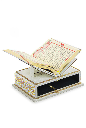 Quran Set with Table Top Rahle and Velvet Covered Storage Box - Rahiya Series White - 3