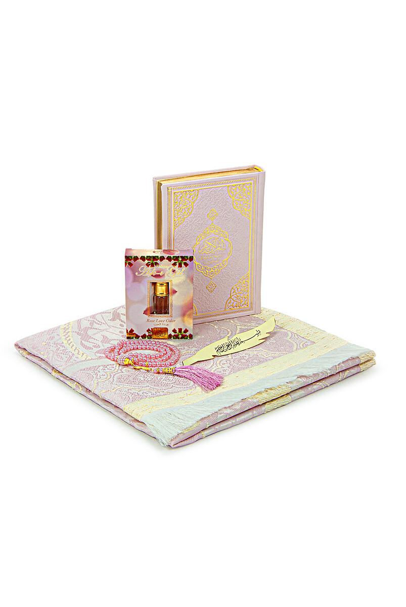 Quran with English Meaning and Medina Calligraphy and Prayer Rug Set Pink - 3