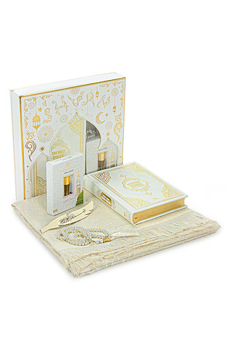 Quran with English Meaning and Medina Calligraphy and Prayer Rug Set White - 1