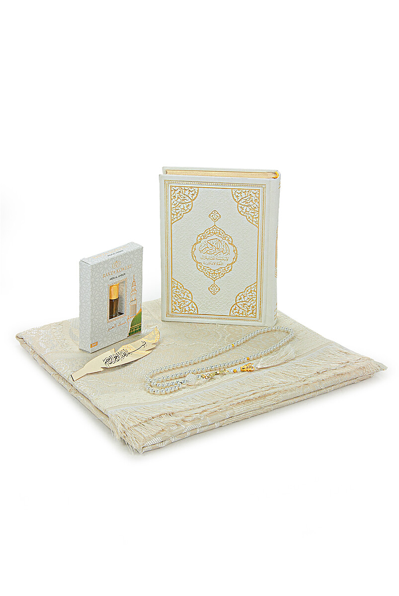 Quran with English Meaning and Medina Calligraphy and Prayer Rug Set White - 3