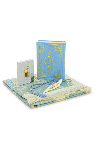 Quran with English Translation Medina Calligraphy and Prayer Rug Set Blue - 3