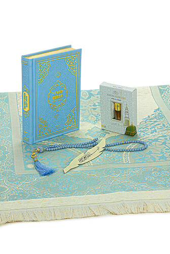 Quran with English Translation Medina Calligraphy and Prayer Rug Set Blue - 4