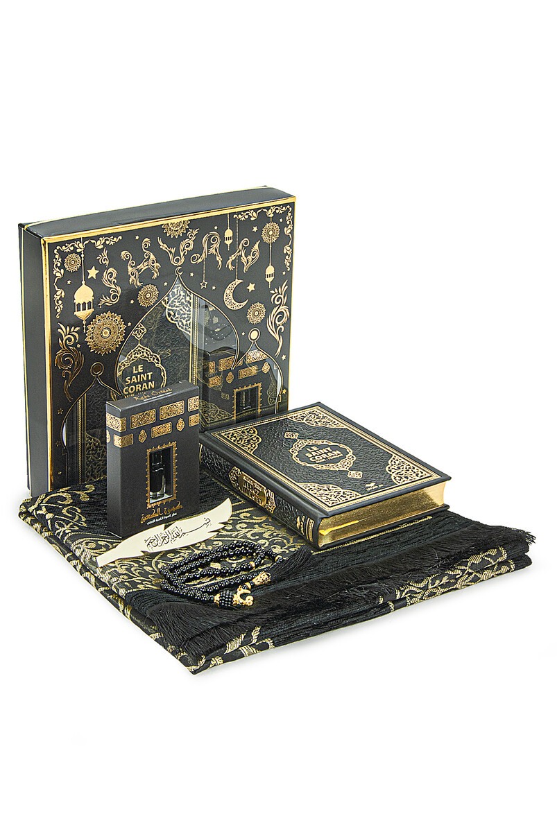 Quran with French Meaning and Medina Calligraphy and Prayer Rug Set Black - 1