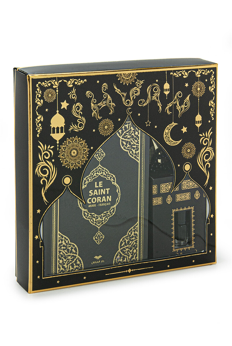 Quran with French Meaning and Medina Calligraphy and Prayer Rug Set Black - 2