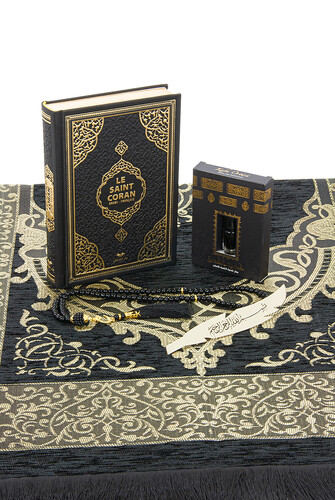 Quran with French Meaning and Medina Calligraphy and Prayer Rug Set Black - 4