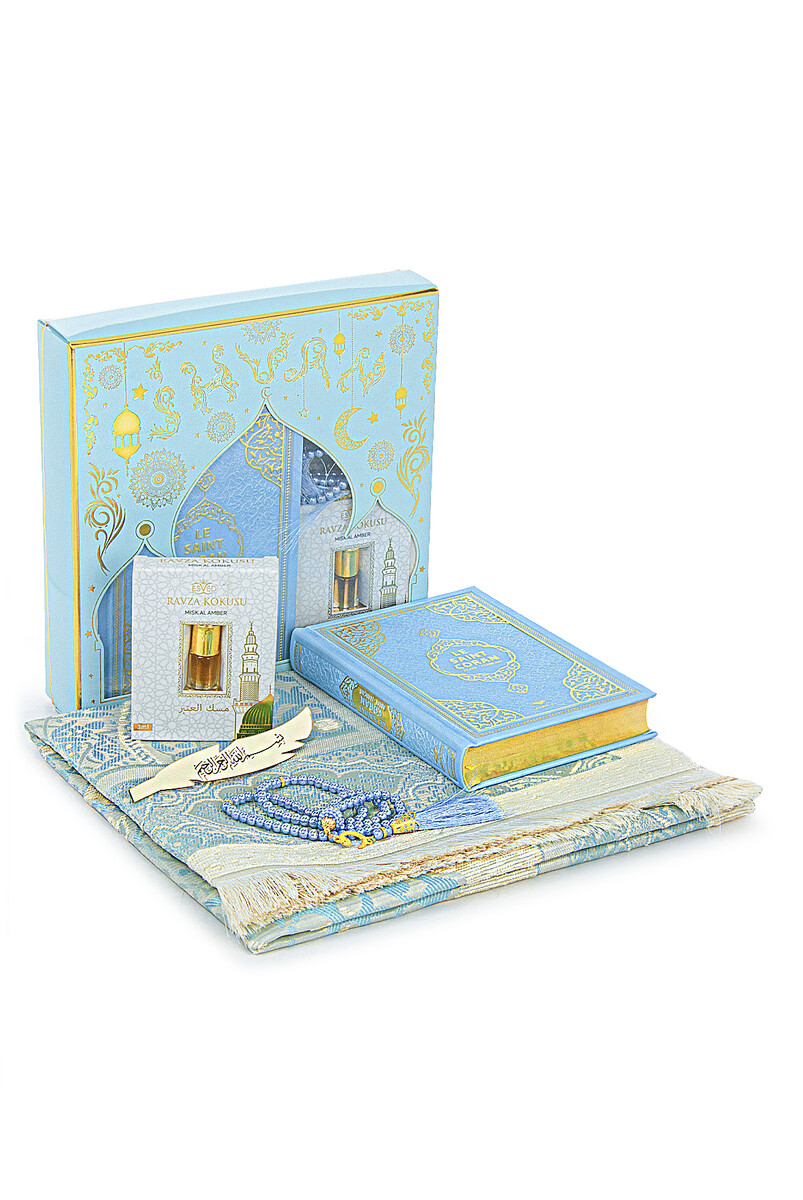 Quran with French Meaning and Medina Calligraphy and Prayer Rug Set Blue - 1