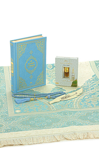 Quran with French Meaning and Medina Calligraphy and Prayer Rug Set Blue - 3