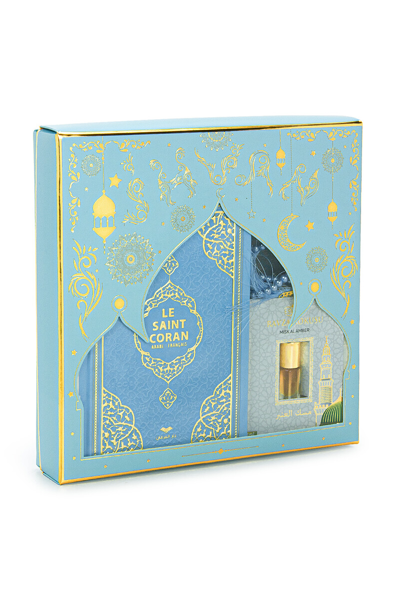 Quran with French Meaning and Medina Calligraphy and Prayer Rug Set Blue - 5