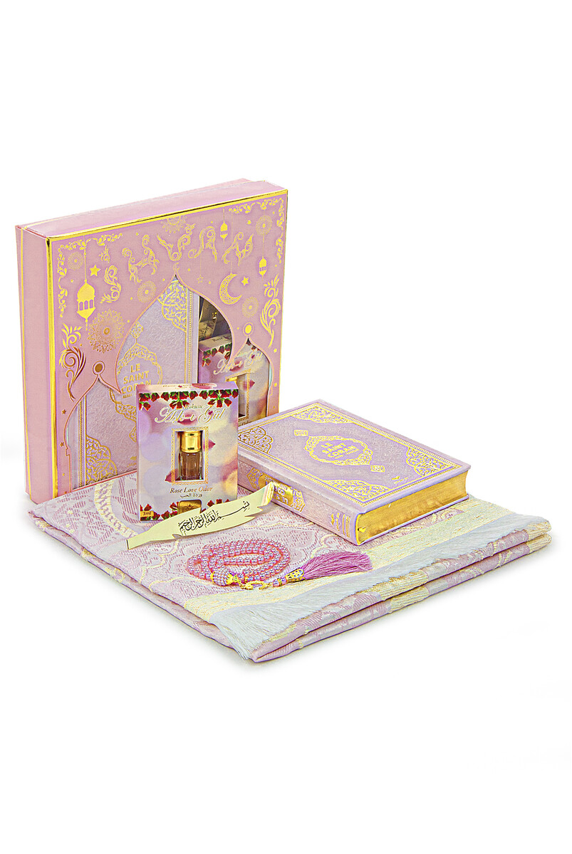 Quran with French Meaning and Medina Calligraphy and Prayer Rug Set Pink - 1