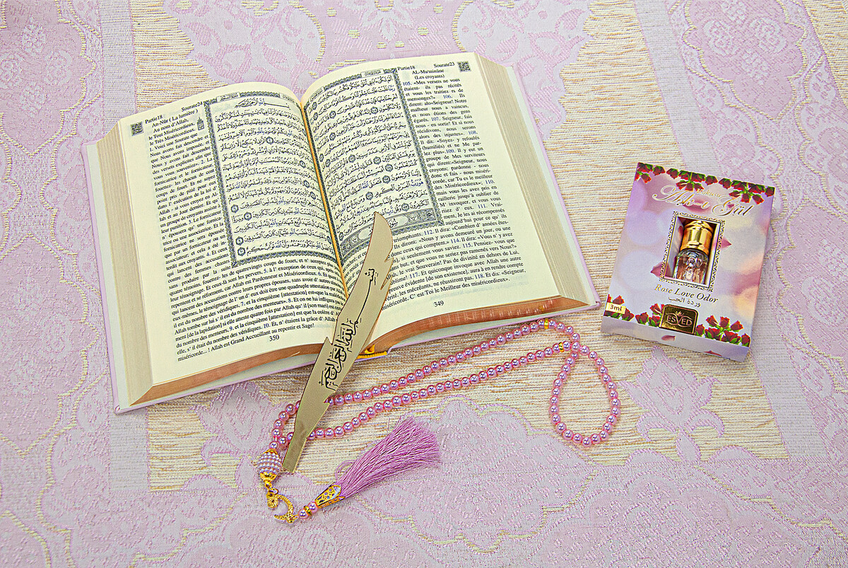 Quran with French Meaning and Medina Calligraphy and Prayer Rug Set Pink - 3