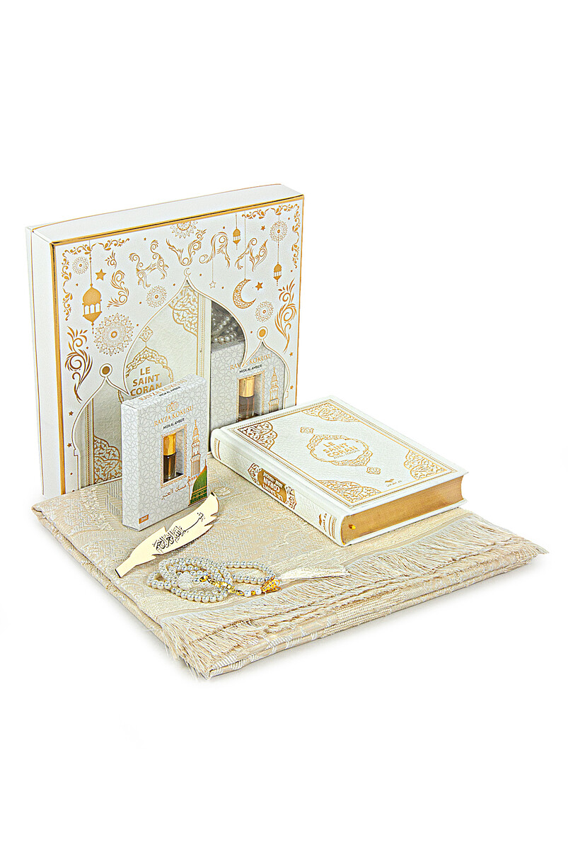 Quran with French Meaning and Medina Calligraphy and Prayer Rug Set White - 1