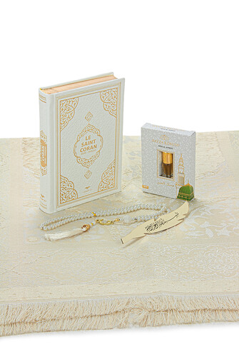 Quran with French Meaning and Medina Calligraphy and Prayer Rug Set White - 2