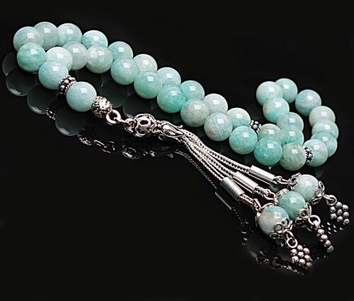 Real Amazonite Stone Rosary-Spherical Cut Rosary-Silver-Accented Rosary-33-Bead Rosary-Original Natural Stone Rosary - 1