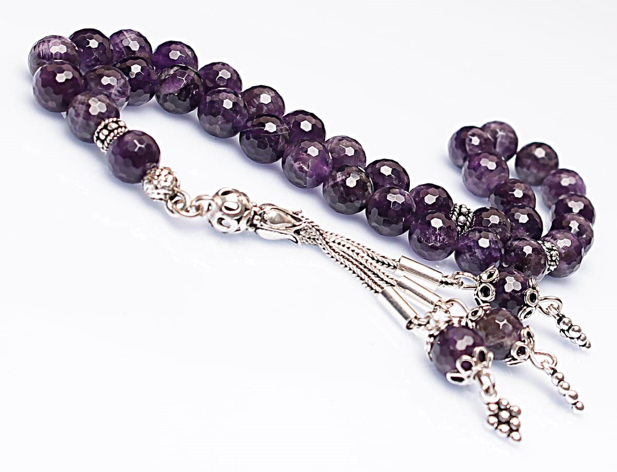 Real Amethyst Stone Rosary-Faceted Cut Rosary-Silver-Accented Rosary-33-Bead Rosary-Original Natural Stone Rosary - 1