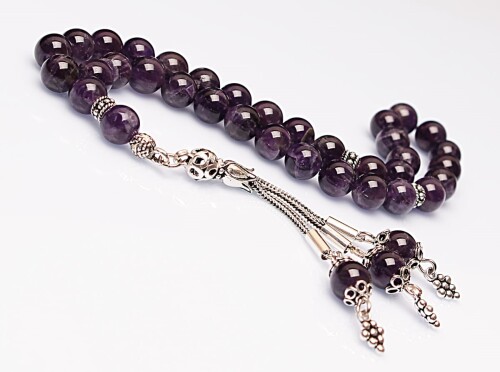 Real Amethyst Stone Rosary-Spherical Cut Rosary-Silver-Accented Rosary-33-Bead Rosary-Original Natural Stone Rosary - 1