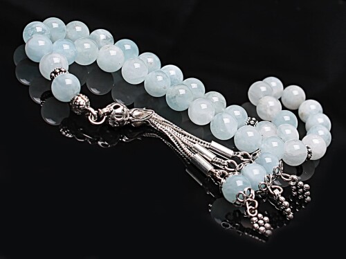 Real Aquamarine Stone Rosary-Spherical Cut Rosary-Silver-Accented Rosary-33-Bead Rosary-Original Natural Stone Rosary - 1