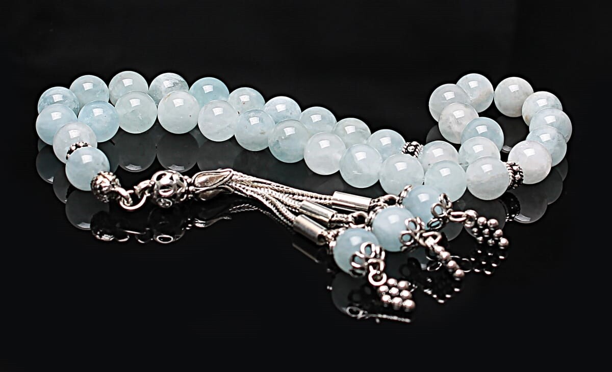 Real Aquamarine Stone Rosary-Spherical Cut Rosary-Silver-Accented Rosary-33-Bead Rosary-Original Natural Stone Rosary - 2