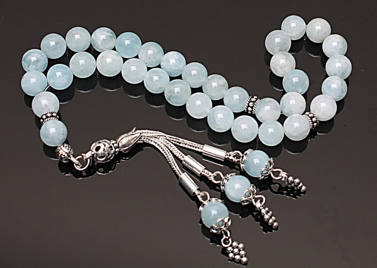 Real Aquamarine Stone Rosary-Spherical Cut Rosary-Silver-Accented Rosary-33-Bead Rosary-Original Natural Stone Rosary - 3