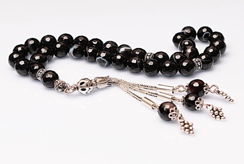 Real Black Agate Stone Rosary-Faceted Cut Rosary-Silver-Accented Rosary-33-Bead Rosary-Original Natural Stone Rosary - 2