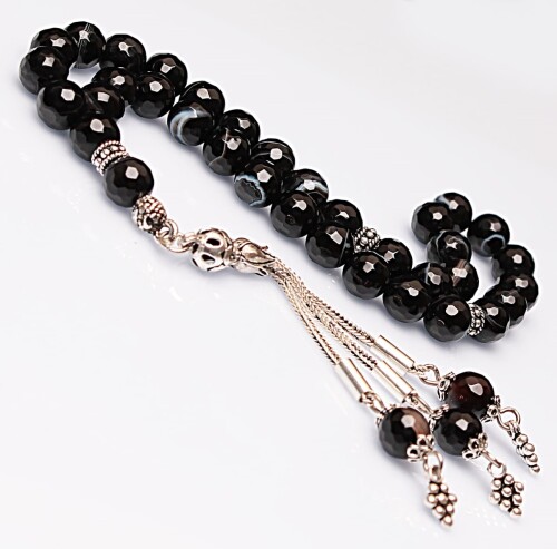 Real Black Agate Stone Rosary-Faceted Cut Rosary-Silver-Accented Rosary-33-Bead Rosary-Original Natural Stone Rosary - 1