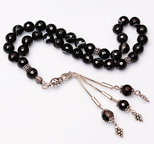 Real Black Agate Stone Rosary-Faceted Cut Rosary-Silver-Accented Rosary-33-Bead Rosary-Original Natural Stone Rosary - 3