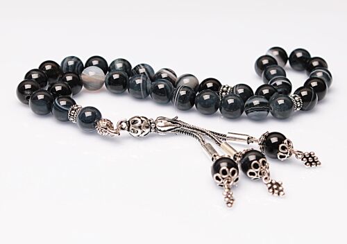 Real Black Agate Stone Rosary-Spherical Cut Rosary-Silver-Accented Rosary-33-Bead Rosary-Original Natural Stone Rosary - 2