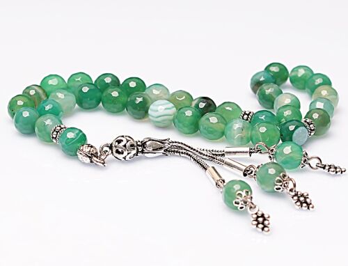 Real Veined Green Agate Stone Rosary-Faceted Cut Rosary-Silver-Accented Rosary-33-Bead Rosary-Original Natural Stone Rosary - 2