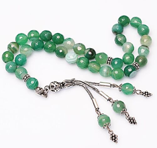 Real Veined Green Agate Stone Rosary-Faceted Cut Rosary-Silver-Accented Rosary-33-Bead Rosary-Original Natural Stone Rosary - 3