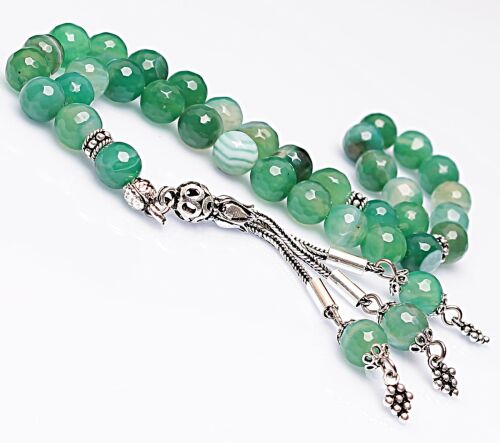 Real Veined Green Agate Stone Rosary-Faceted Cut Rosary-Silver-Accented Rosary-33-Bead Rosary-Original Natural Stone Rosary - 1