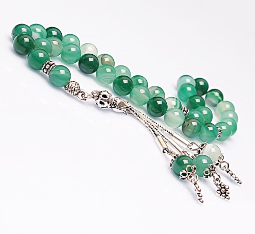 Real Veined Green Agate Stone Rosary-Spherical Cut Rosary-Silver-Accented Rosary-33-Bead Rosary-Original Natural Stone Rosary - 1