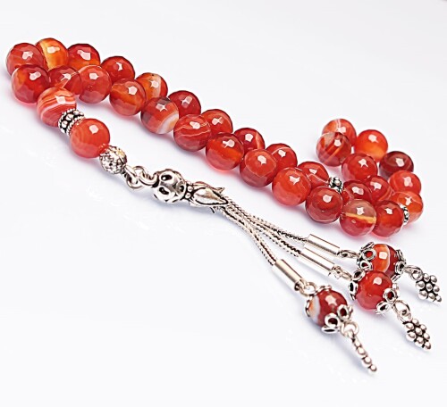 Real Veined Red Agate Stone Rosary-Faceted Cut Rosary-Silver-Accented Rosary-33-Bead Rosary-Original Natural Stone Rosary - 1