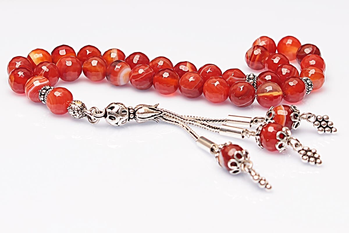 Real Veined Red Agate Stone Rosary-Faceted Cut Rosary-Silver-Accented Rosary-33-Bead Rosary-Original Natural Stone Rosary - 2