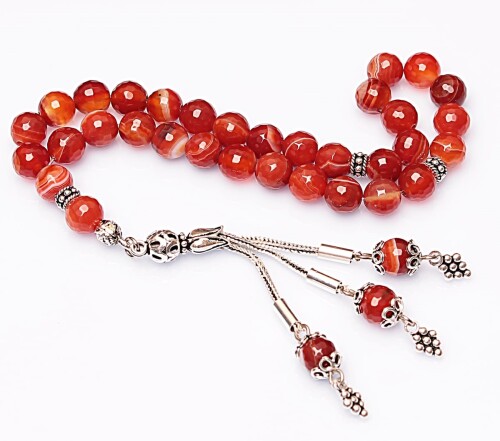 Real Veined Red Agate Stone Rosary-Faceted Cut Rosary-Silver-Accented Rosary-33-Bead Rosary-Original Natural Stone Rosary - 3