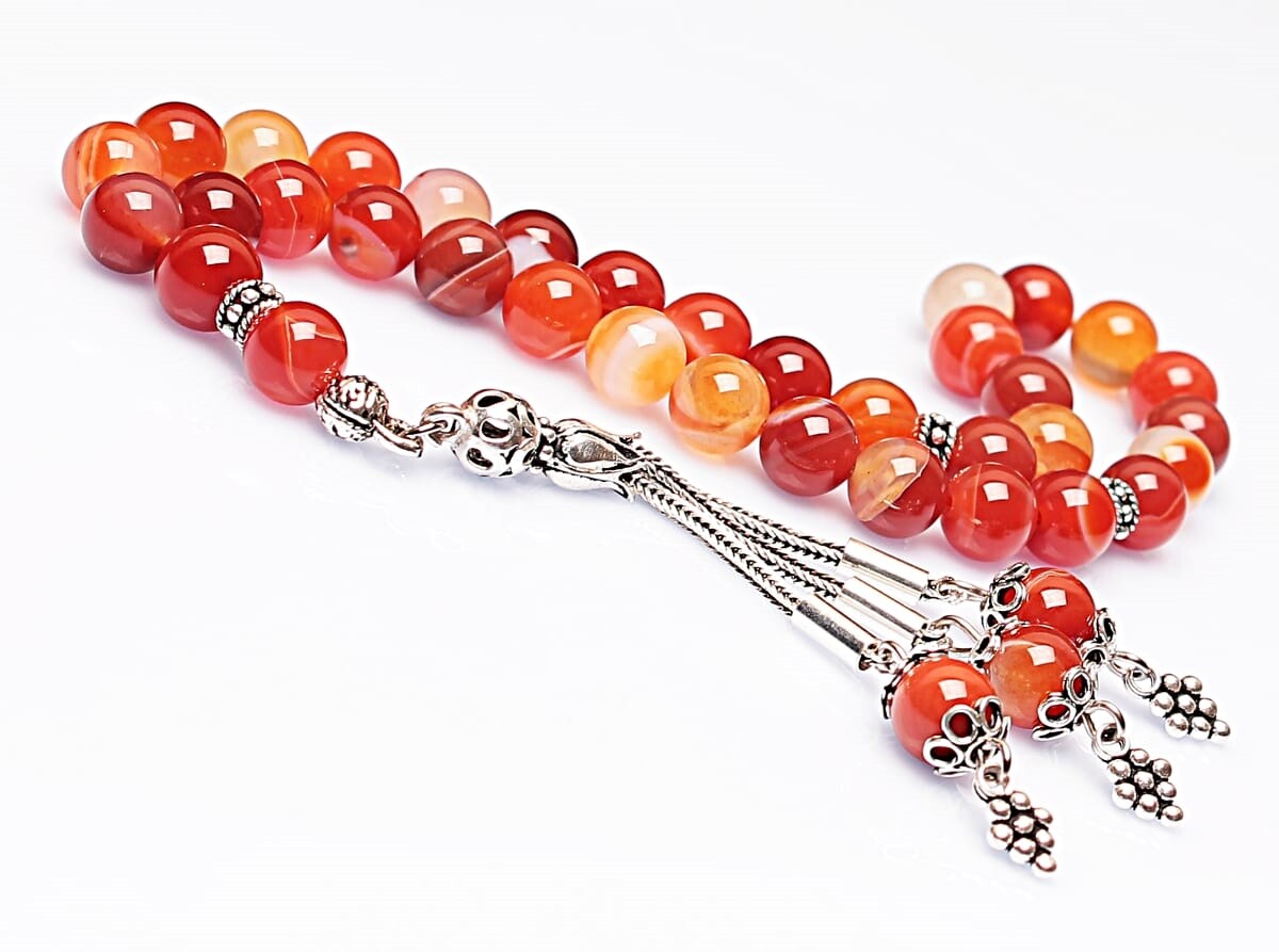 Real Veined Red Agate Stone Rosary-Spherical Cut Rosary-Silver-Accented Rosary-33-Bead Rosary-Original Natural Stone Rosary - 1