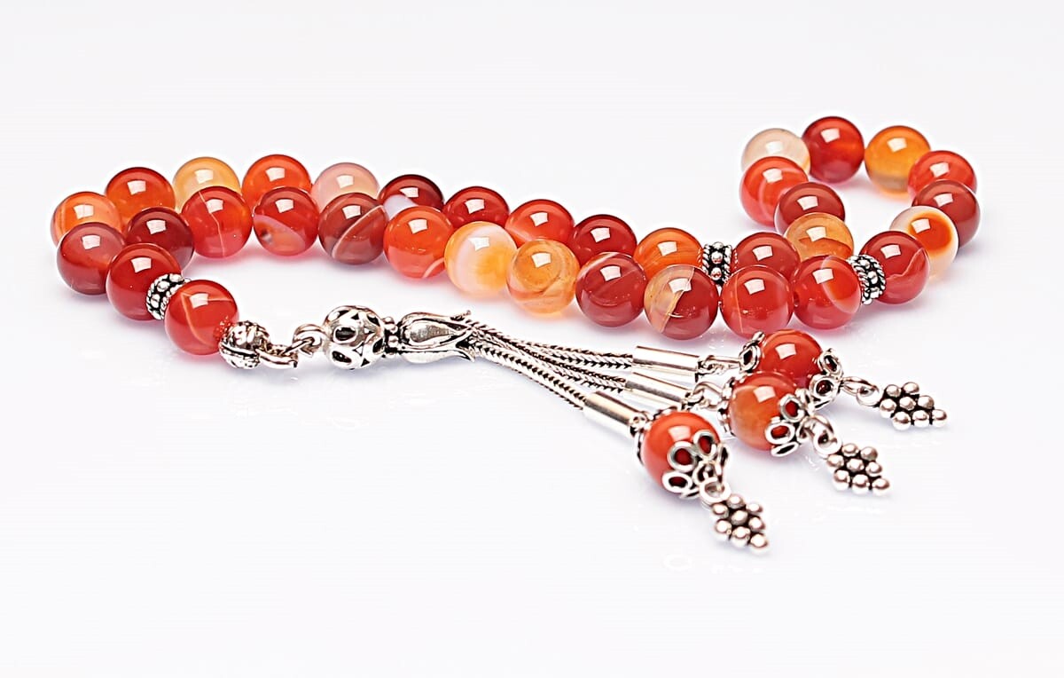 Real Veined Red Agate Stone Rosary-Spherical Cut Rosary-Silver-Accented Rosary-33-Bead Rosary-Original Natural Stone Rosary - 2