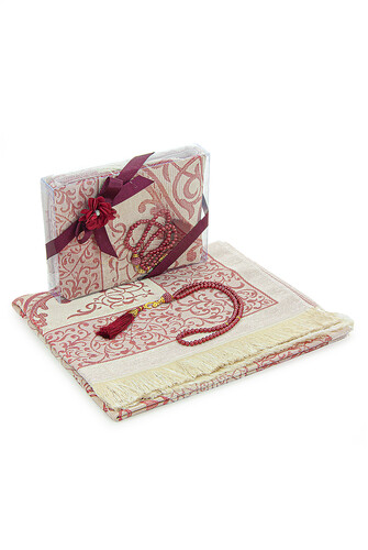 Red Dowry Prayer Rug Set with Pearl Prayer Beads and Gift Box Suitable for the Bride and Groom's Package - 1