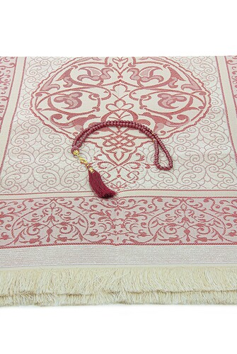 Red Dowry Prayer Rug Set with Pearl Prayer Beads and Gift Box Suitable for the Bride and Groom's Package - 4