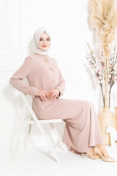 Rib And Ethnic Detailed Beige Abaya 3427 - 2